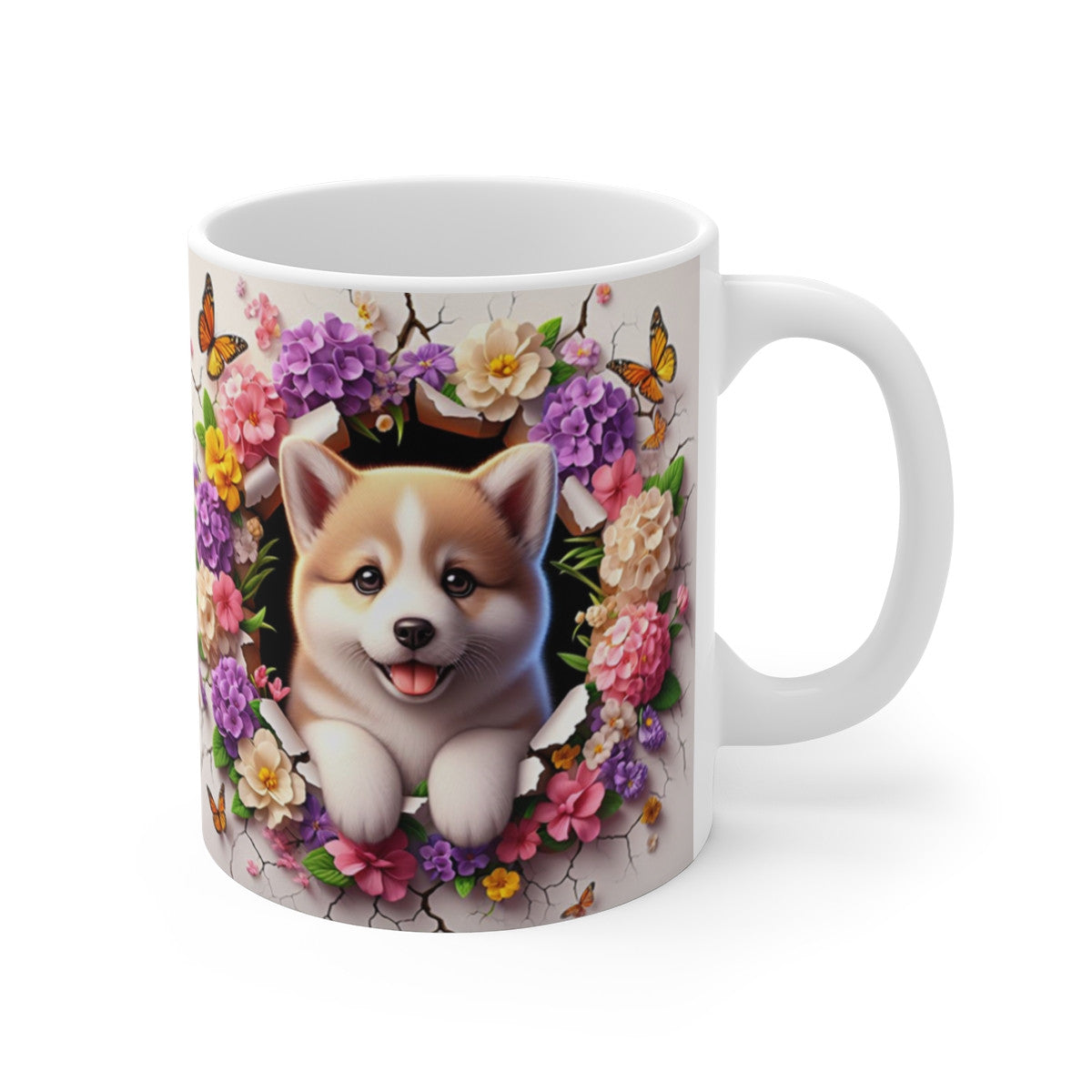 Tasse Céramique Akita Inu et Fleurs – Mug Chien Mignon Papillons – Cadeau Animaux Bohème 325ml