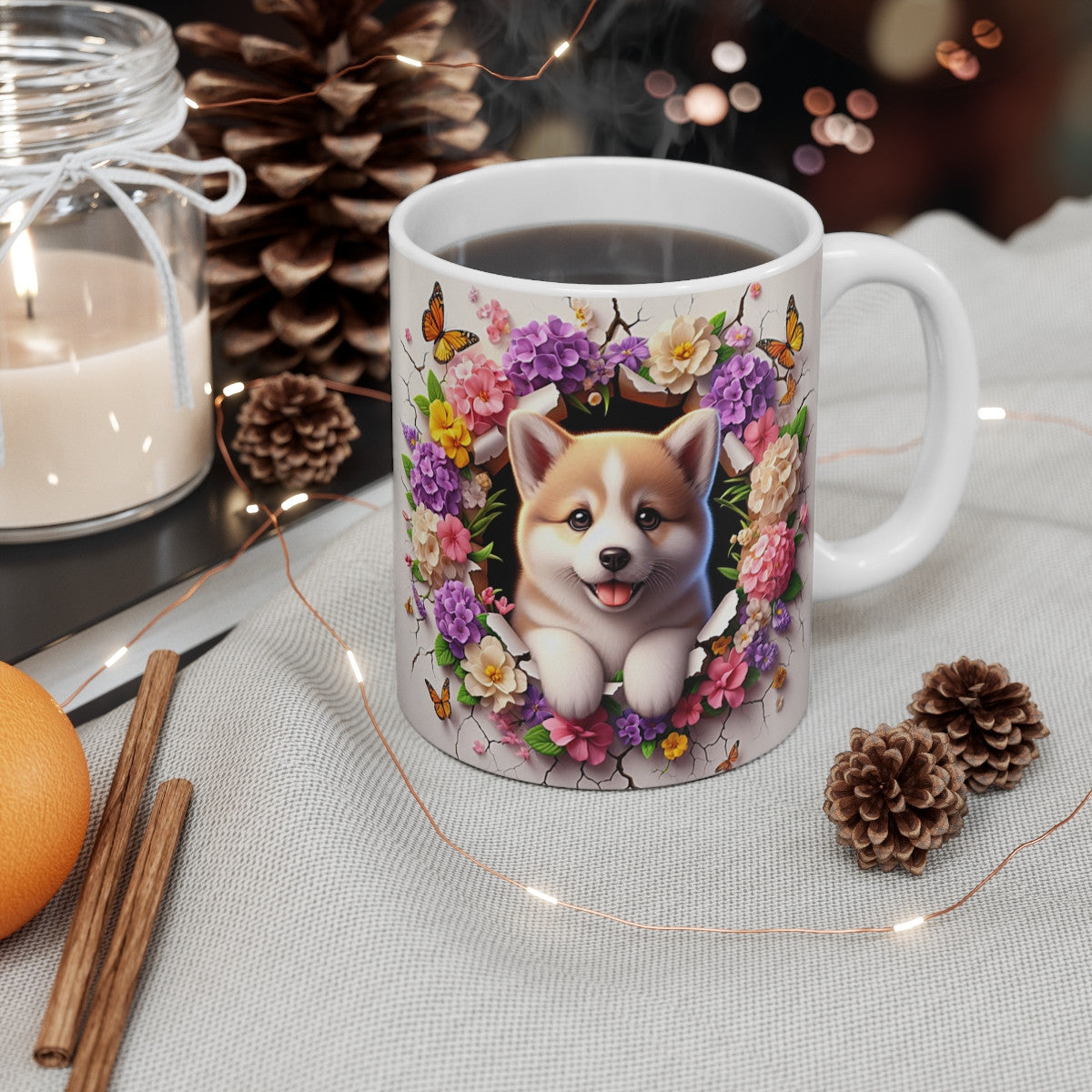 Tasse Céramique Akita Inu et Fleurs – Mug Chien Mignon Papillons – Cadeau Animaux Bohème 325ml