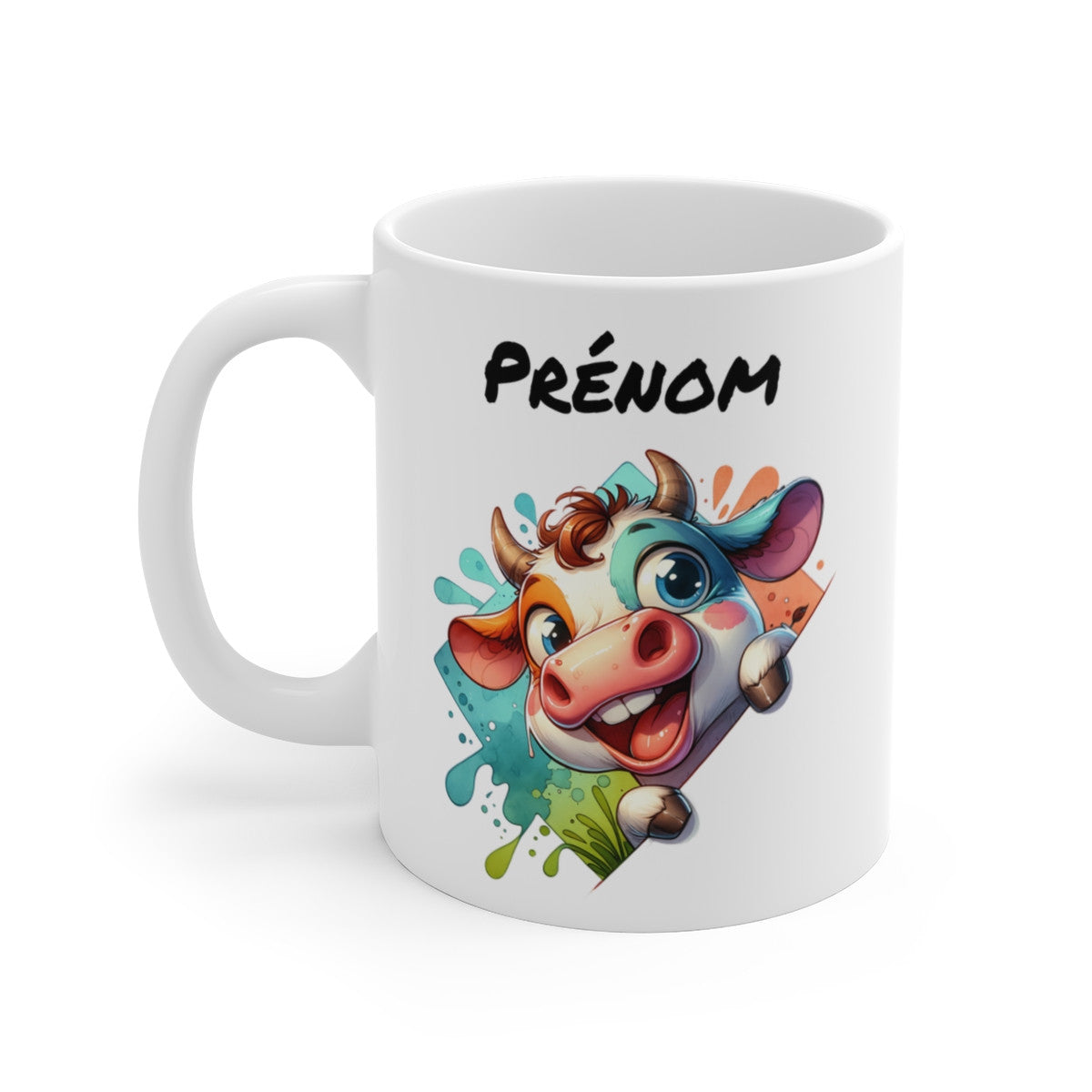 Tasse Personnalisable Vache Mignonne – Mug Prénom Illustration Colorée – Cadeau Animal Rigolo Bohème 325ml