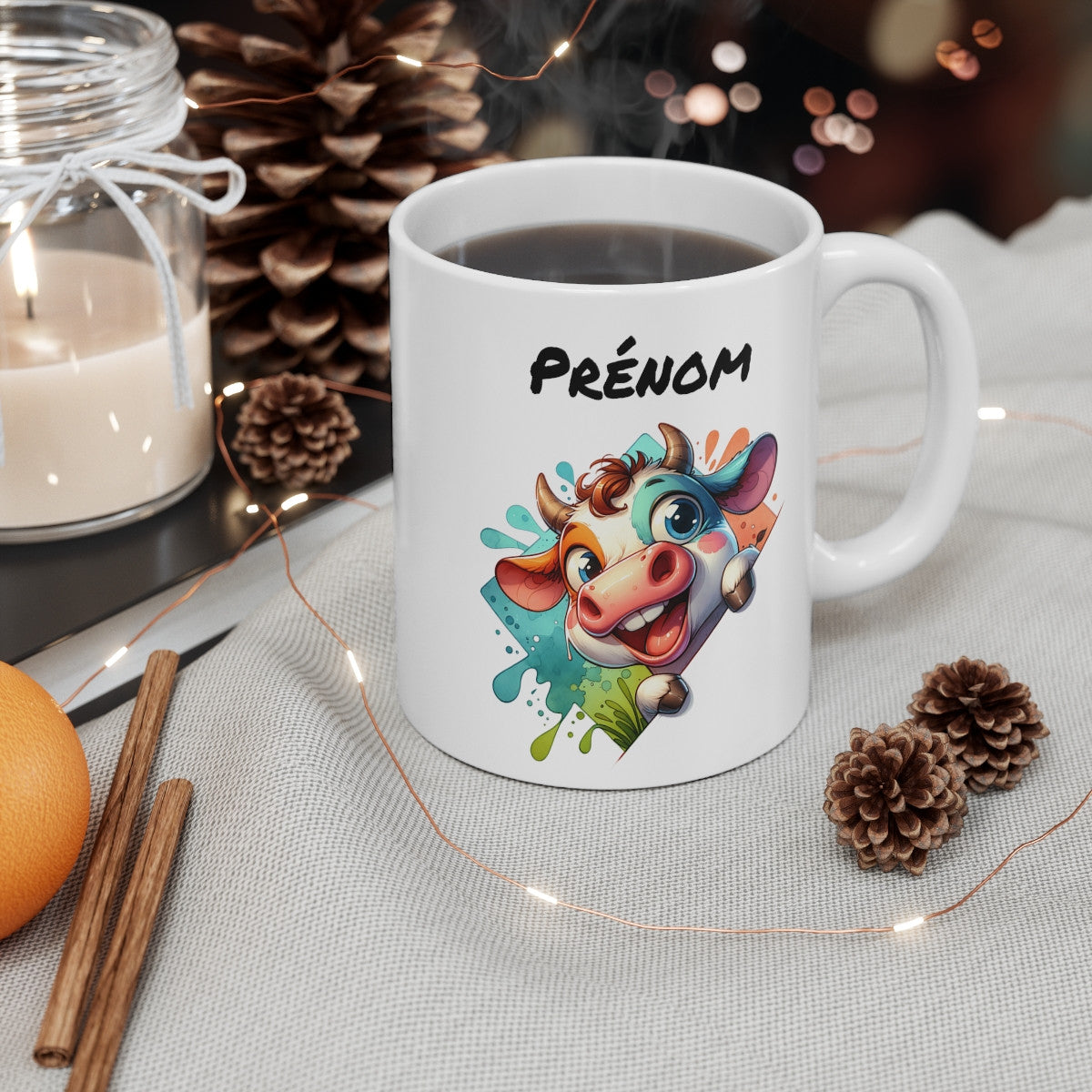 Tasse Personnalisable Vache Mignonne – Mug Prénom Illustration Colorée – Cadeau Animal Rigolo Bohème 325ml