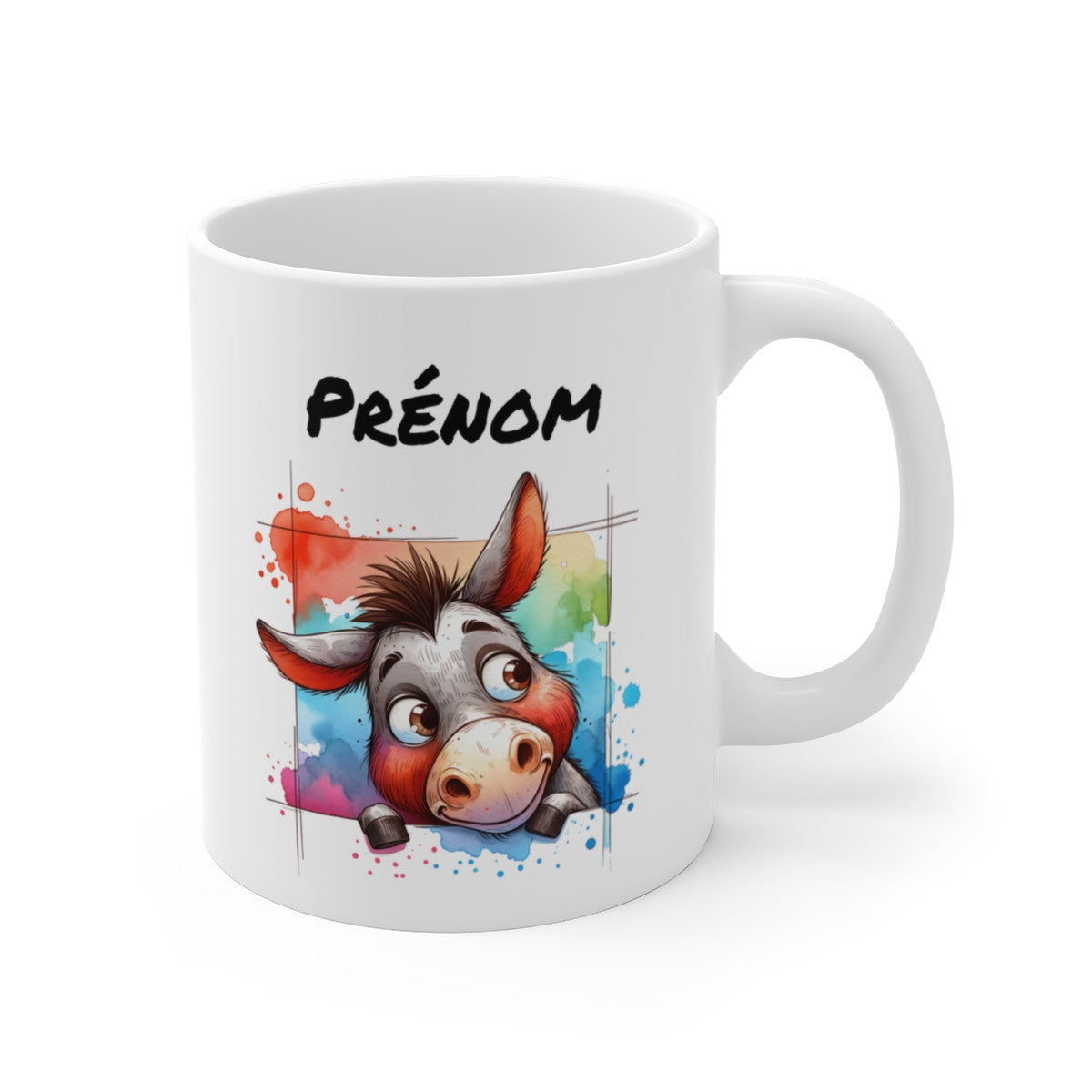 Tasse Personnalisable Âne Mignon – Mug Prénom Illustration Colorée – Cadeau Animal Ferme Rigolo 325ml