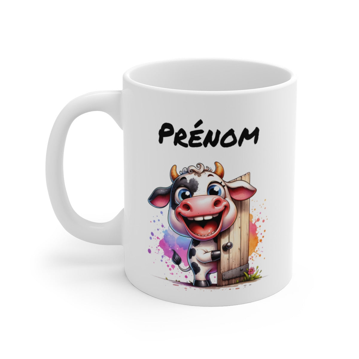 Tasse Personnalisable Vache Rigolote – Mug Prénom Illustration Colorée – Cadeau Animal Ferme Amusant 325ml