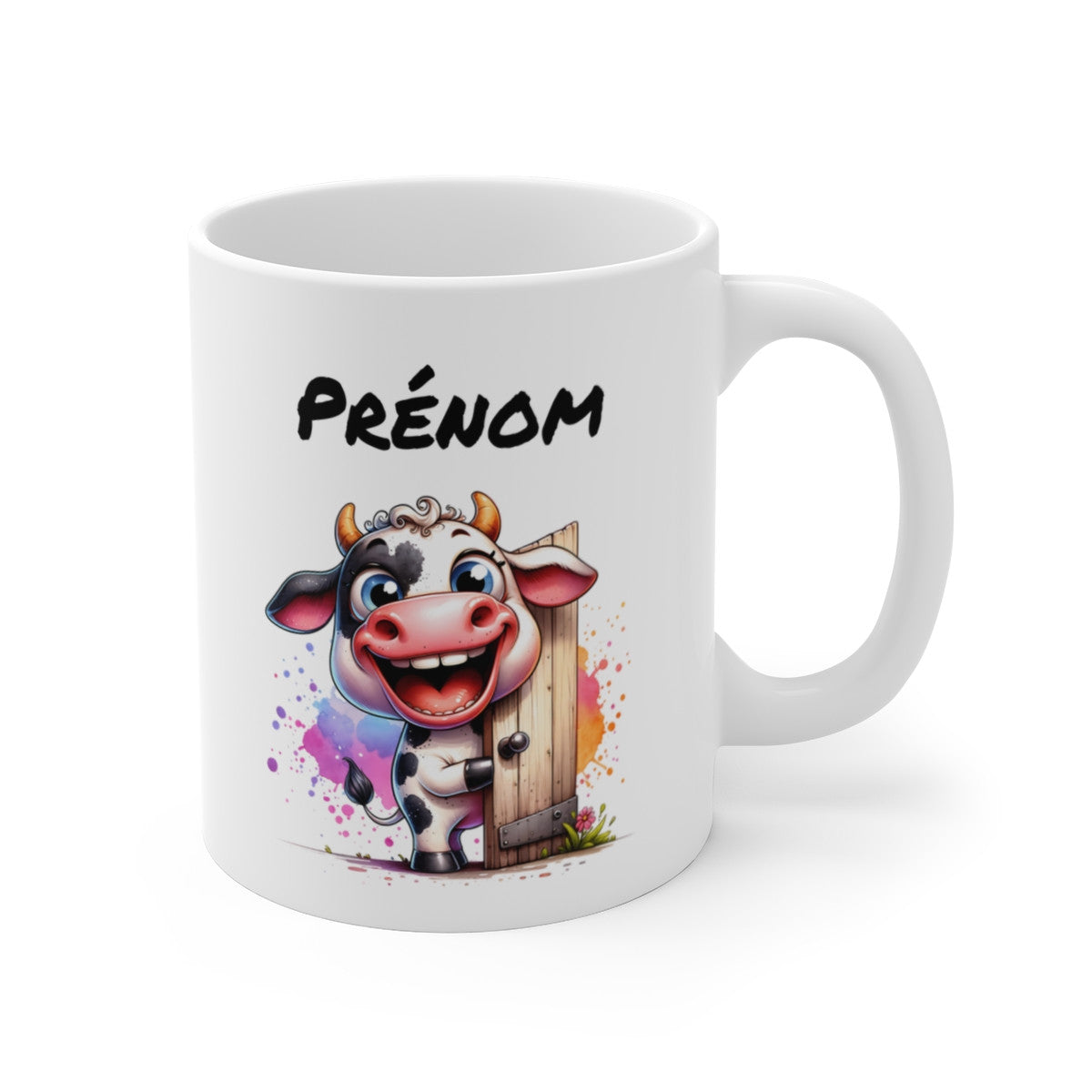 Tasse Personnalisable Vache Rigolote – Mug Prénom Illustration Colorée – Cadeau Animal Ferme Amusant 325ml