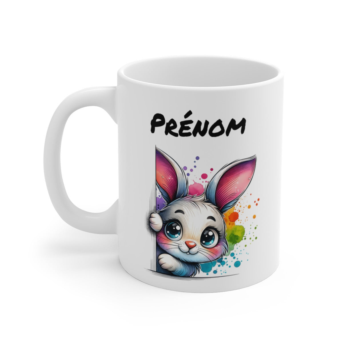 Tasse Personnalisable Lapin Mignon – Mug Prénom Illustration Colorée – Cadeau Animal Printemps Pâques 325ml