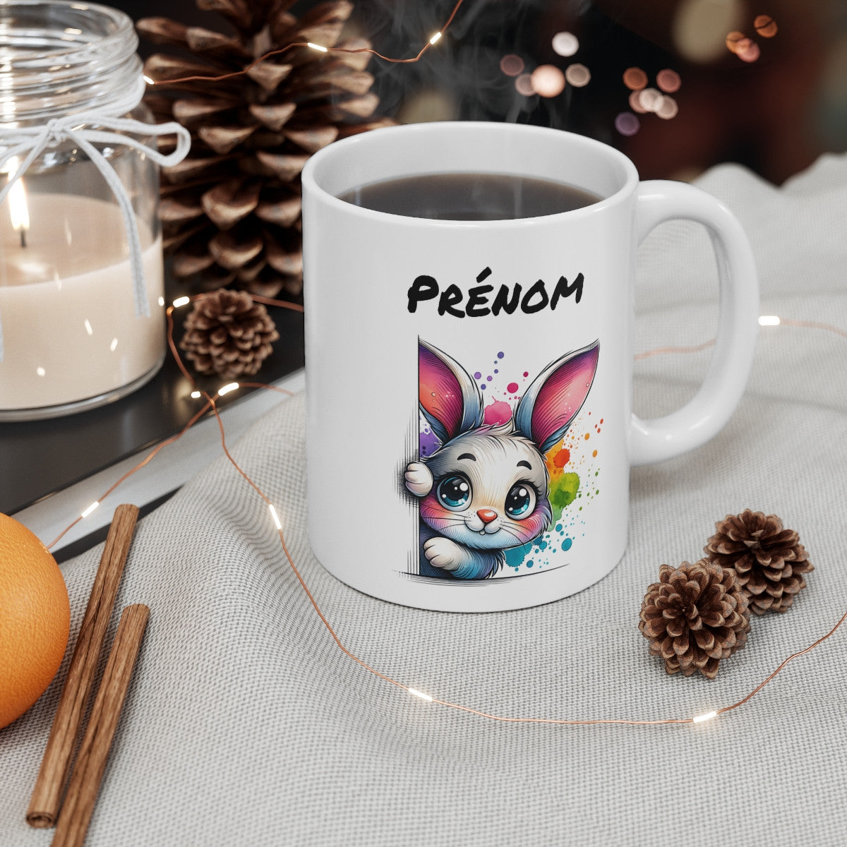 Tasse Personnalisable Lapin Mignon – Mug Prénom Illustration Colorée – Cadeau Animal Printemps Pâques 325ml