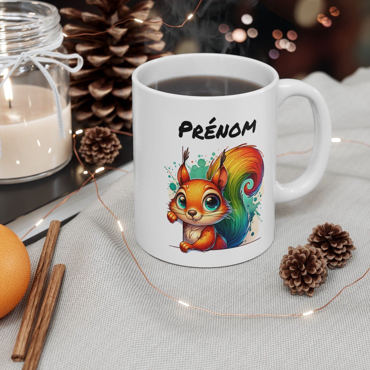 Tasse Personnalisable Écureuil Mignon – Mug Prénom Illustration Colorée – Cadeau Animal Forêt Rigolo 325ml