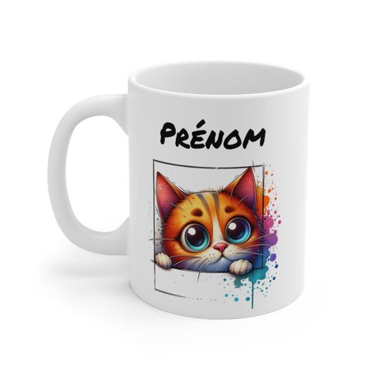 Tasse Personnalisable Chat Mignon – Mug Prénom Illustration Colorée – Cadeau Animal Félin Adorable 325ml