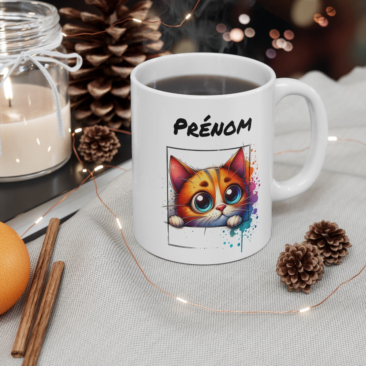 Tasse Personnalisable Chat Mignon – Mug Prénom Illustration Colorée – Cadeau Animal Félin Adorable 325ml