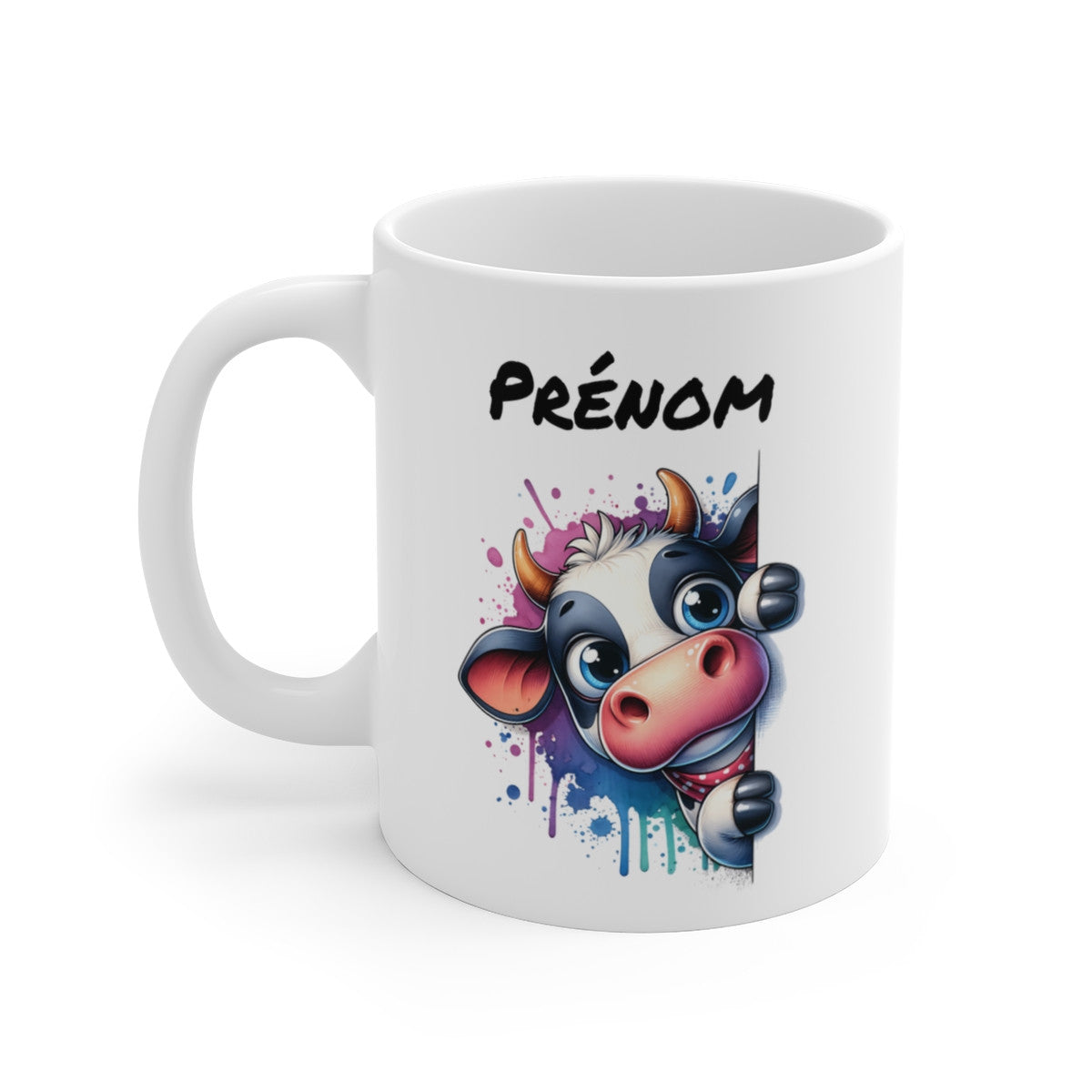 Tasse Personnalisable Vache Tachetée – Mug Prénom Illustration Colorée – Cadeau Animal Ferme Adorable 325ml