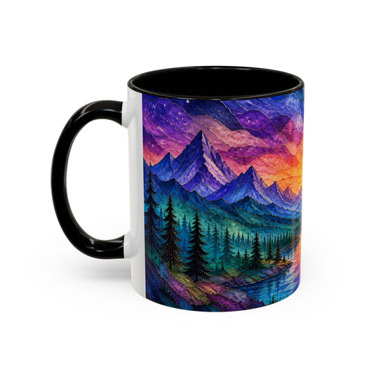 Tasse Montagnes et Forêt Colorées – Mug Paysage Nature Aquarelle – Design Artistique Coucher de Soleil – Céramique 325ml