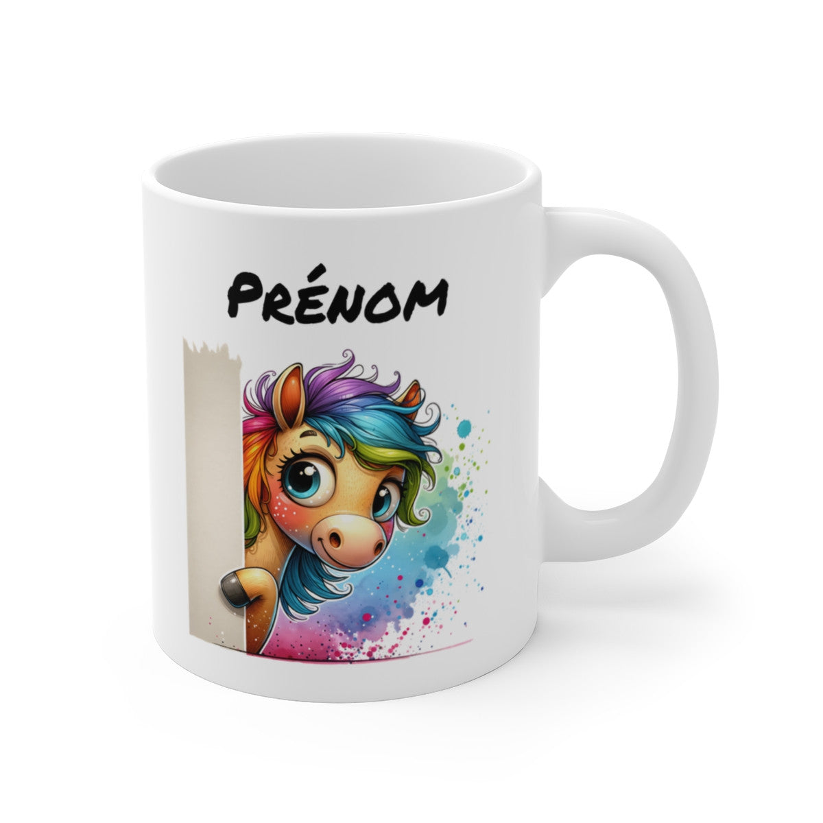 Tasse Personnalisable Cheval Mignon – Mug Prénom Illustration Colorée Arc-en-Ciel – Cadeau Animal Rigolo 325ml