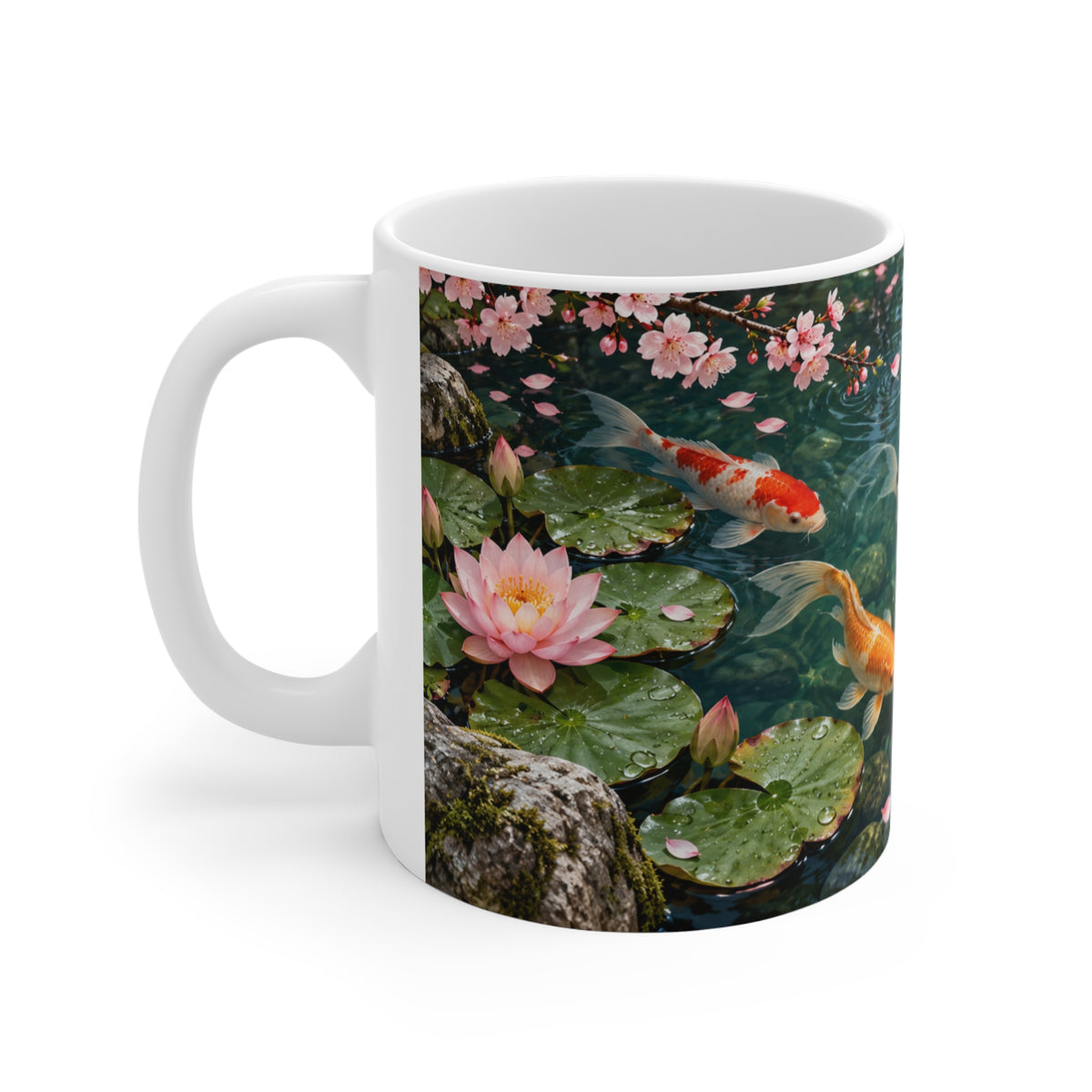 Mug Carpes Koï dans un Jardin Japonais – Tasse Bassin Zen avec Fleurs de Cerisier et Lotus – Cadeau Original Amoureux du Japon