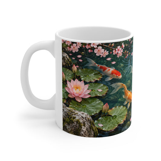 Mug Carpes Koï dans un Jardin Japonais – Tasse Bassin Zen avec Fleurs de Cerisier et Lotus – Cadeau Original Amoureux du Japon