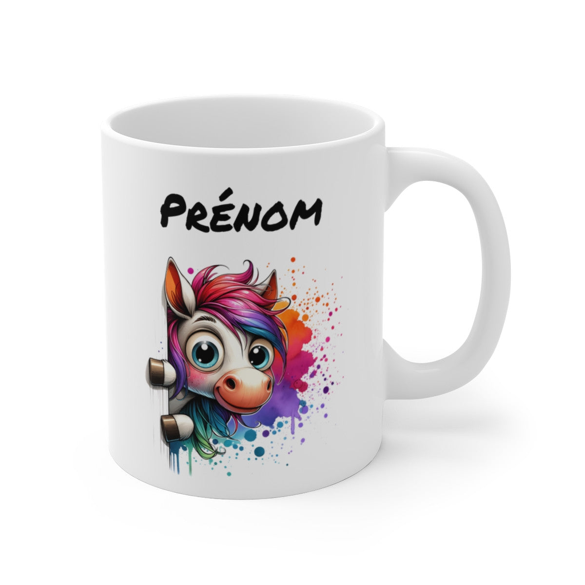 Tasse Personnalisable Cheval Blanc Mignon – Mug Prénom Illustration Arc-en-Ciel Colorée – Cadeau Animal Fantaisie 325ml