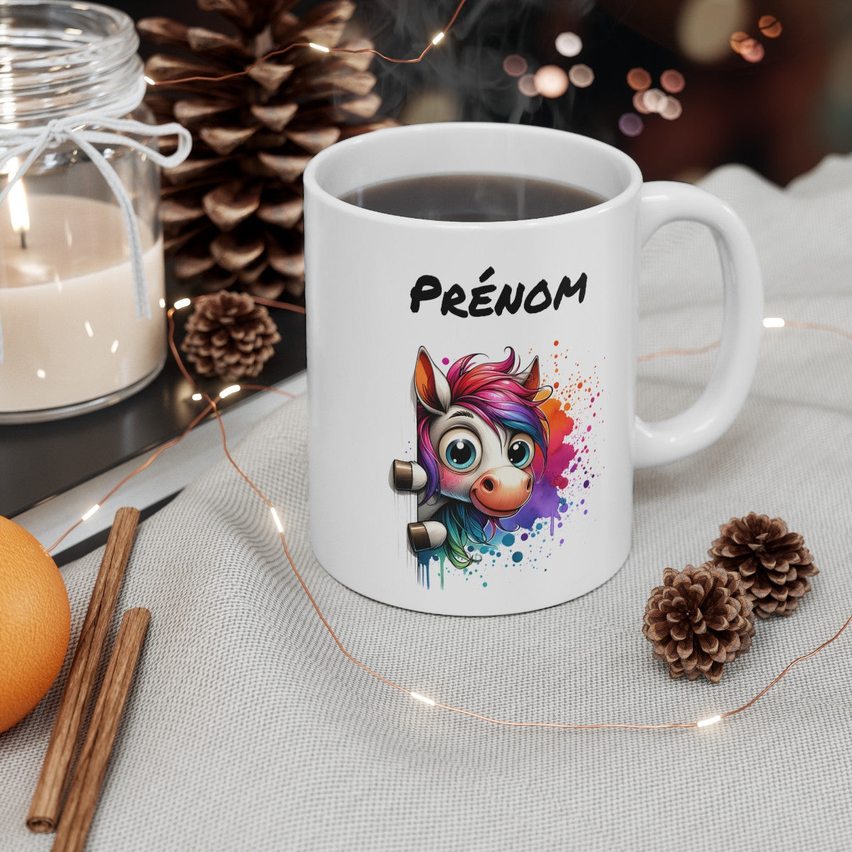 Tasse Personnalisable Cheval Blanc Mignon – Mug Prénom Illustration Arc-en-Ciel Colorée – Cadeau Animal Fantaisie 325ml
