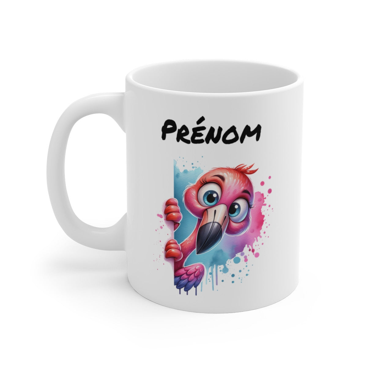 Tasse Personnalisable Flamant Rose – Mug Prénom Illustration Colorée Tropicale – Cadeau Animal Exotique 325ml
