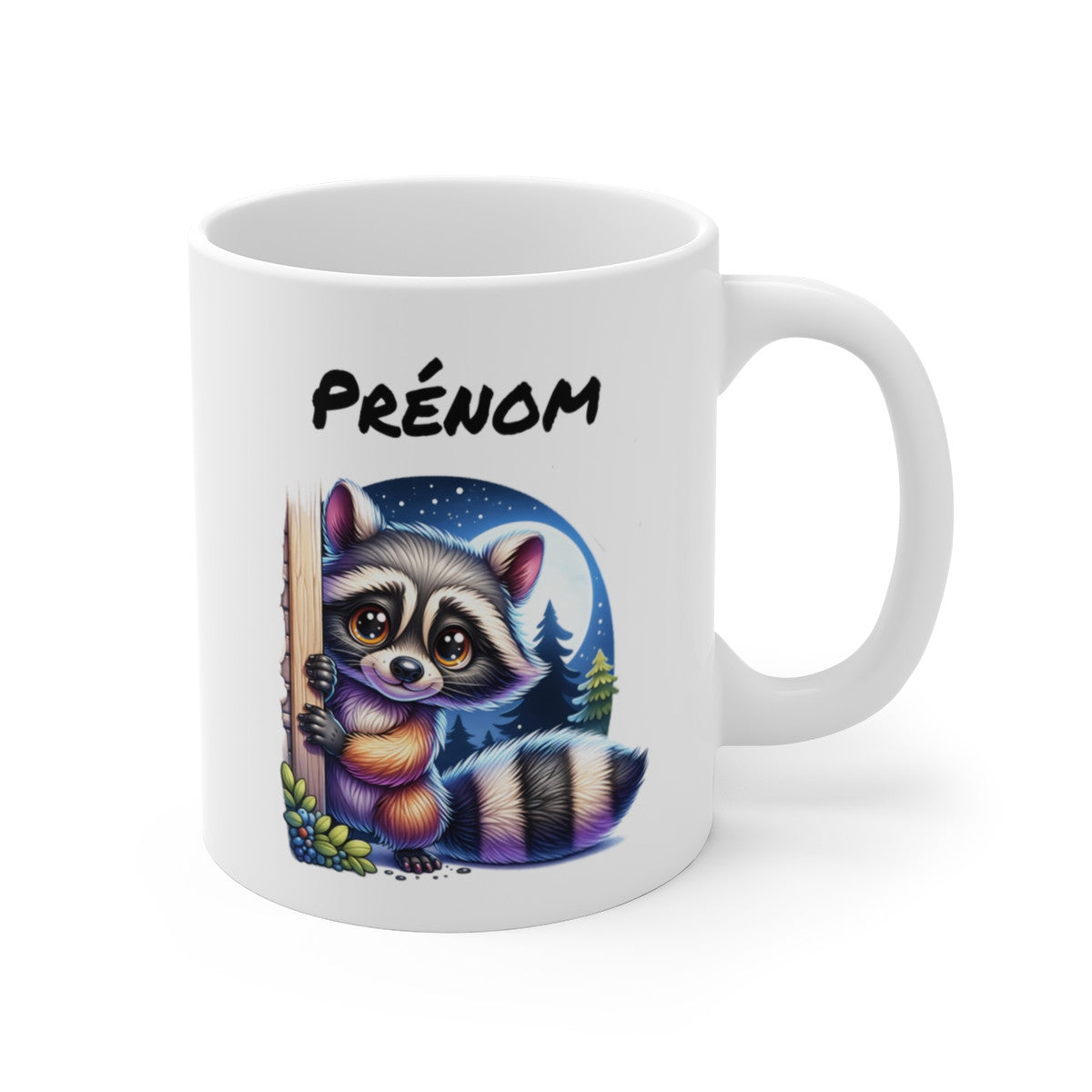Tasse Personnalisable Raton Laveur – Mug Prénom Illustration Nocturne Forêt – Cadeau Animal Mignon Nature 325ml