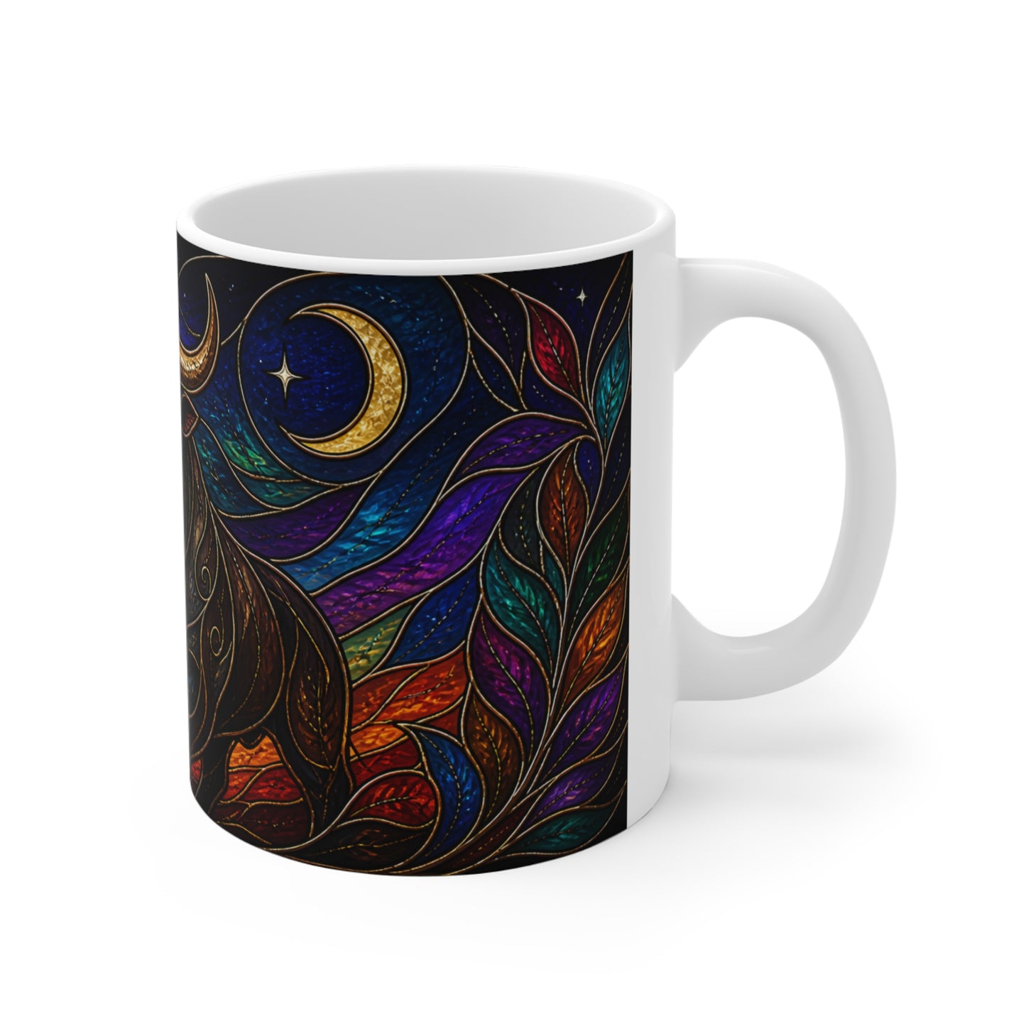 Tasse Taureau Mystique Vitrail – Mug Signe Astrologique Taureau Lune Étoiles Art Fantasy Coloré Cadeau Homme Femme Enfant 325ml