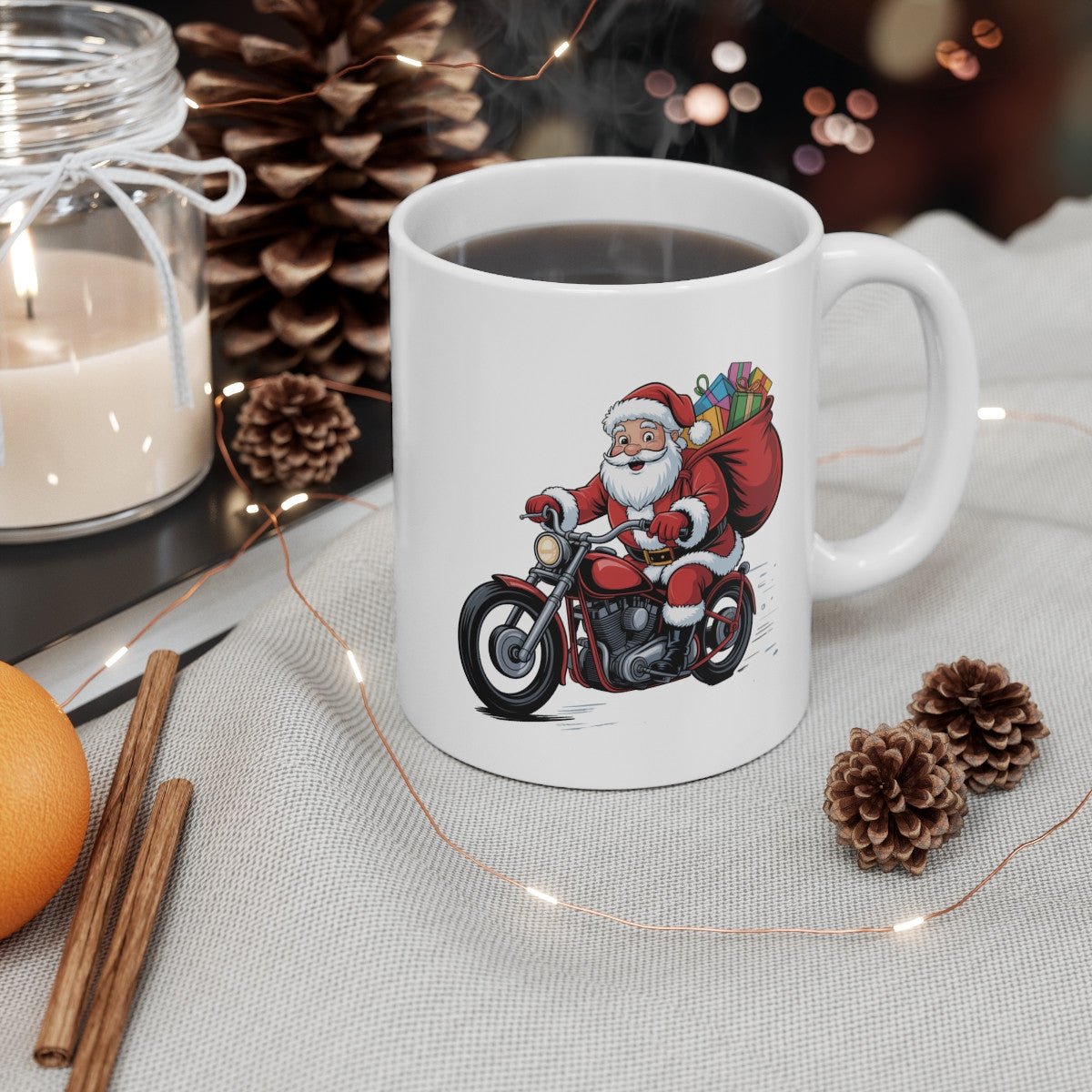 Mug Père Noël à Moto 325ml – Tasse Céramique Cadeau Original Motard – Compatible Micro-ondes et Lave-vaisselle