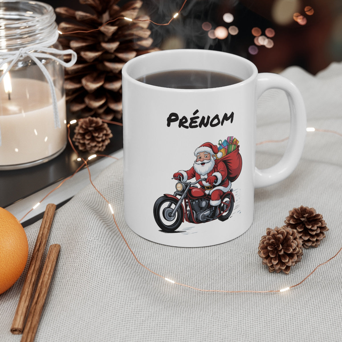 Mug Personnalisé Père Noël à Moto 325ml – Tasse Céramique Prénom Cadeau Original Motard