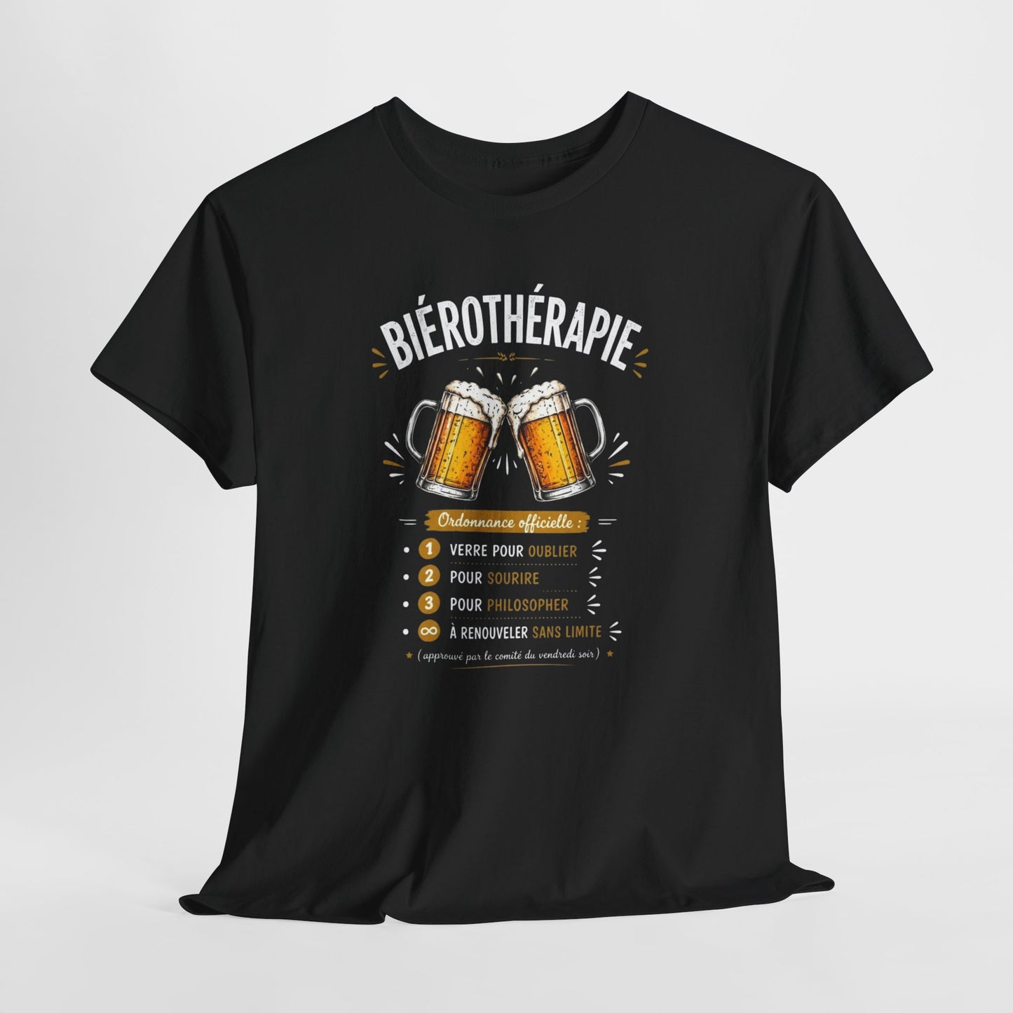 T-Shirt Biérothérapie Homme Femme – Tee Shirt Humour Bière Apéro – Cadeau Drôle Amateur Bière Soirée Noir Blanc Gris