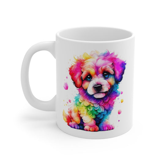 Mug Chiot Coloré 325ml – Tasse Céramique Chien Arc-en-Ciel Style Aquarelle – Cadeau Original Animal Mignon
