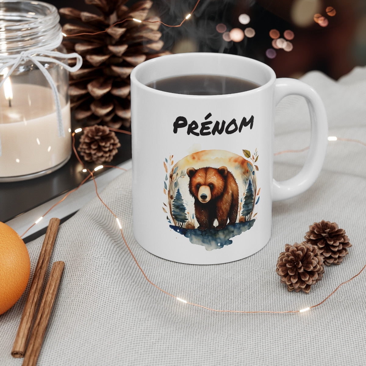 Mug Personnalisé Ours Aquarelle 325ml – Tasse Céramique Prénom Design Nature Forêt – Cadeau Animal Sauvage
