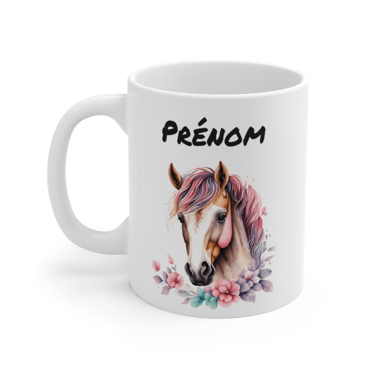 Mug Personnalisé Cheval Aquarelle 325ml – Tasse Céramique Prénom Design Équestre Fleuri – Cadeau Cavalière