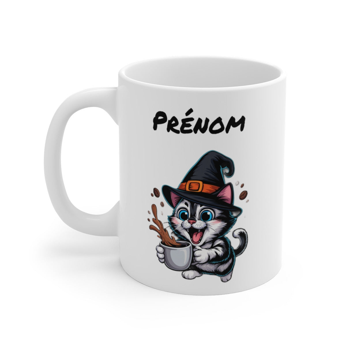 Mug Personnalisé Chat Sorcier Halloween 325ml – Tasse Céramique Prénom Chat Noir et Café – Cadeau Original Fête d’Halloween