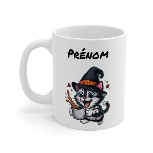 Mug Personnalisé Chat Sorcier Halloween 325ml – Tasse Céramique Prénom Chat Noir et Café – Cadeau Original Fête d’Halloween