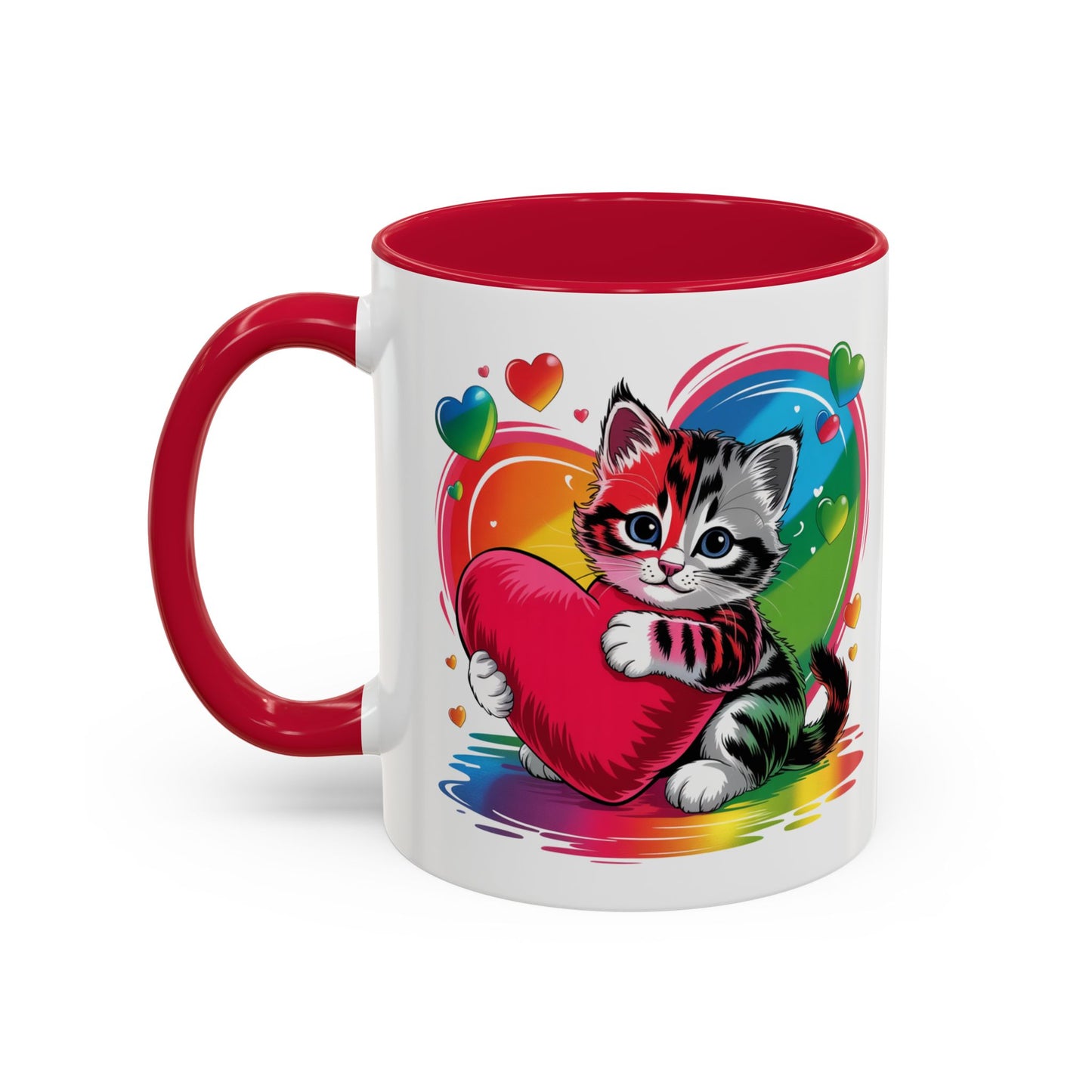 Mug Chat Kawaii avec Cœur Coloré Arc-en-Ciel – Tasse Mignonne Cadeau Original Amoureux des Chats – Céramique 325ml