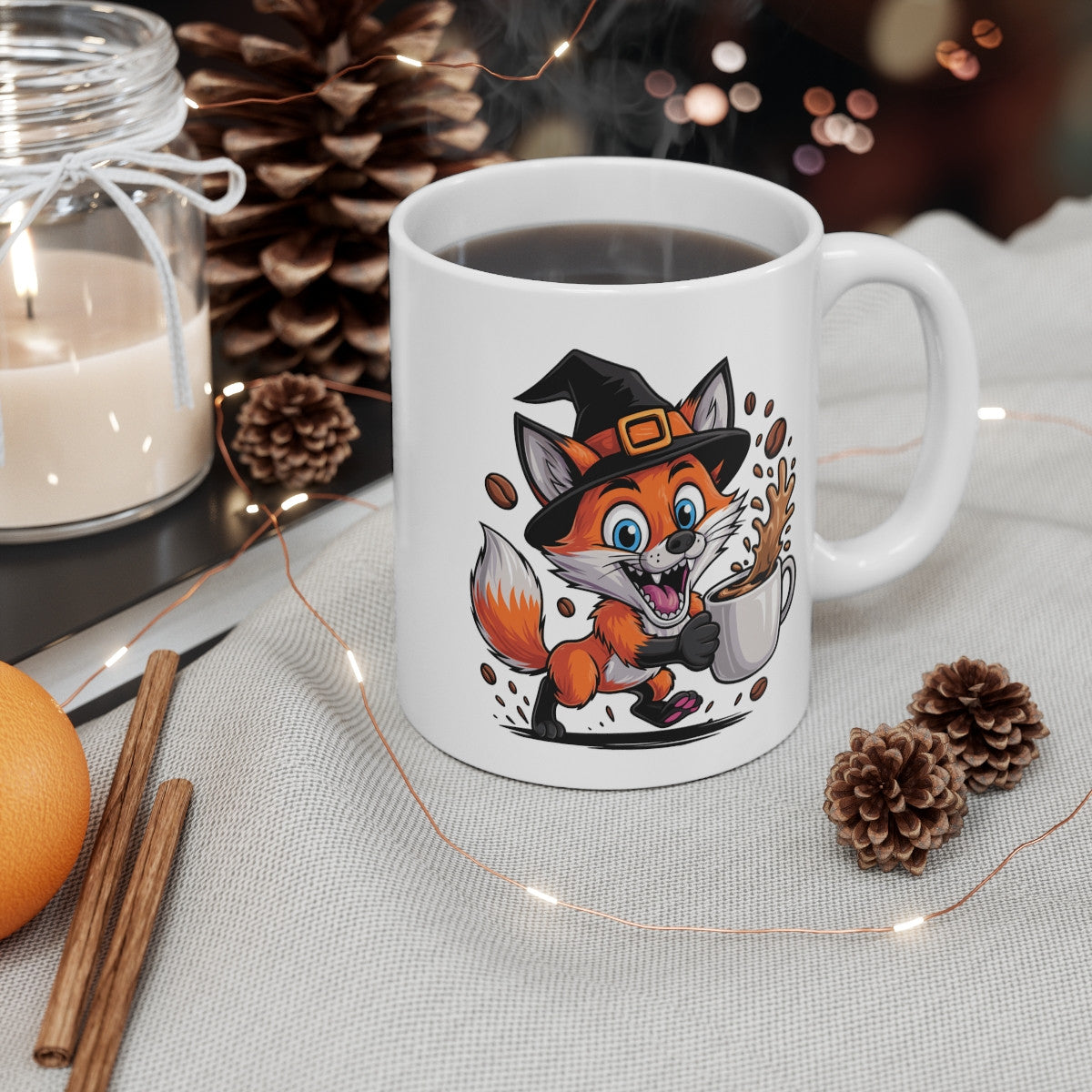 Mug Renard Sorcier Café – Tasse Céramique 325ml – Illustration Animalière Drôle Halloween – Passe Micro-Ondes et Lave-Vaisselle