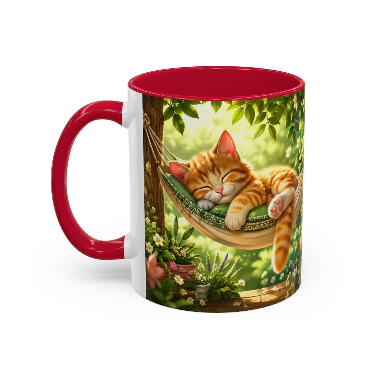 Tasse Chat Dormeur Kawaii – Mug Chaton Endormi Hamac Fleuri – Cadeau Amoureux des Chats 325ml