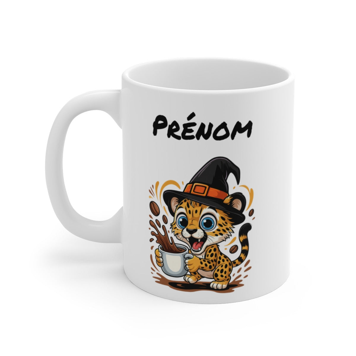 Tasse Personnalisable Léopard Sorcier Café – Mug Prénom Céramique 325ml – Cadeau Drôle Halloween Animal Illustré