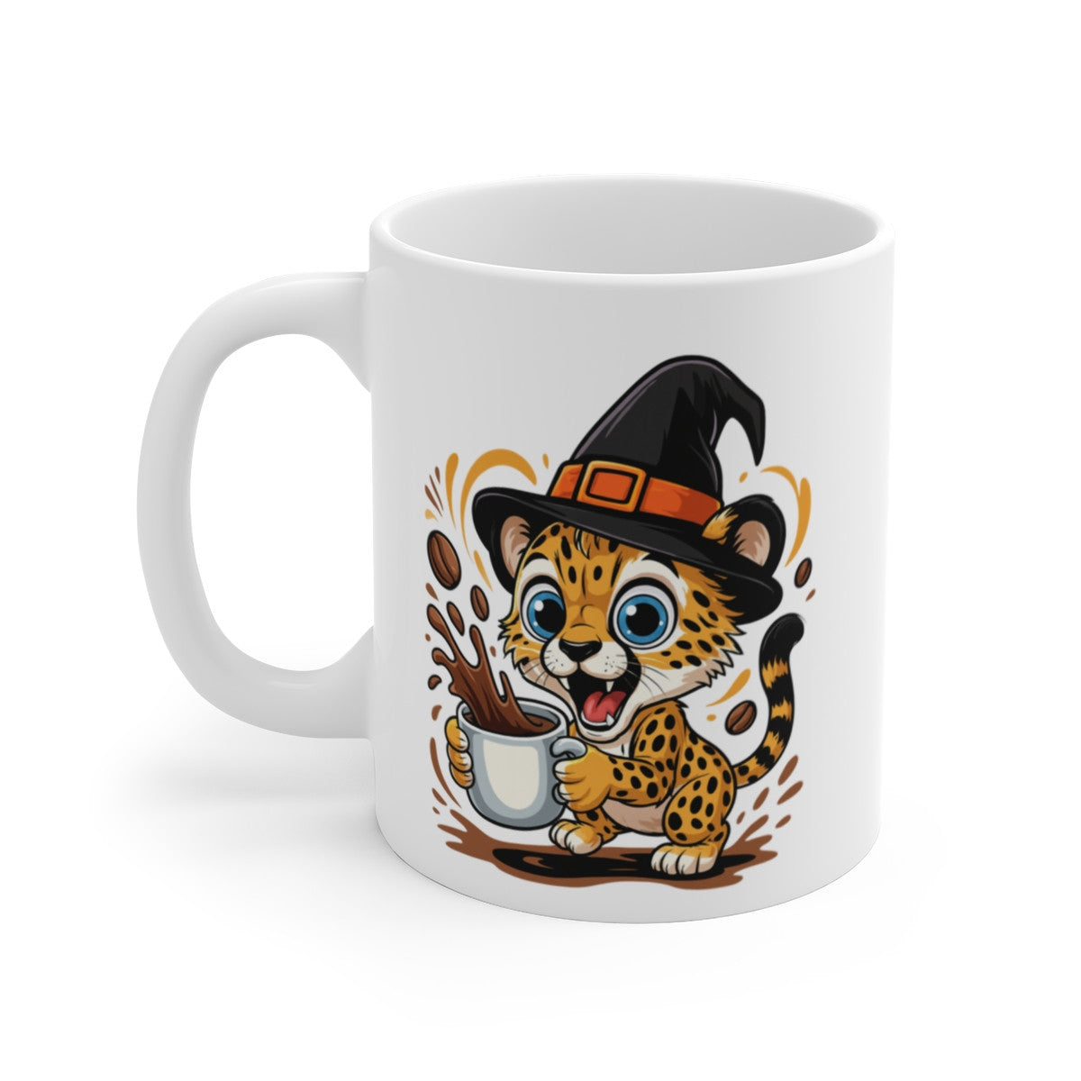 Mug Léopard Sorcier Café – Tasse Céramique 325ml – Illustration Animalière Drôle Halloween