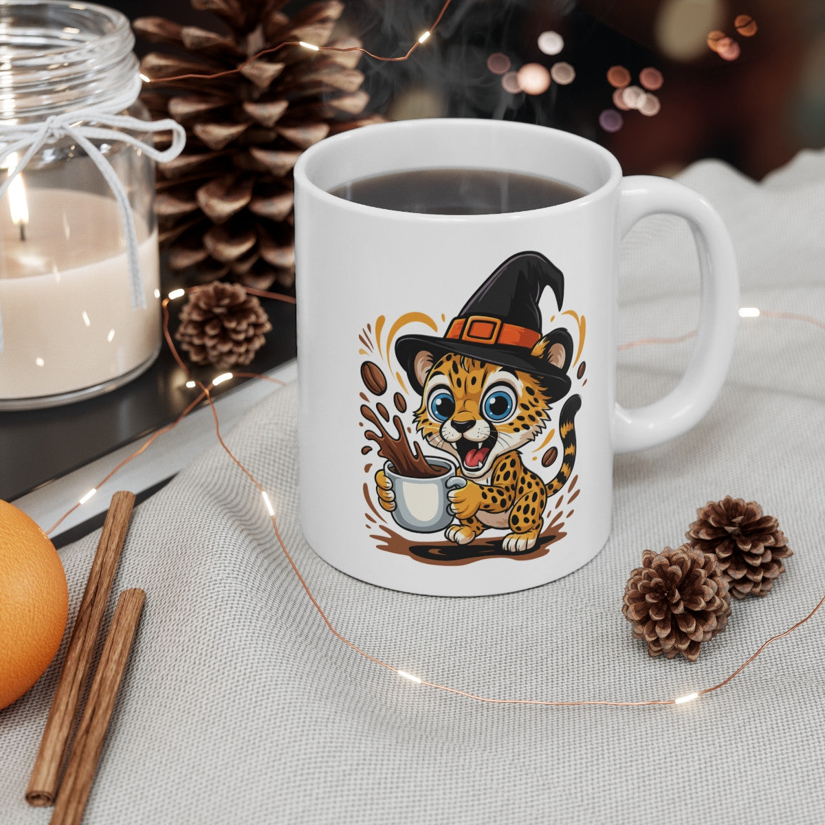 Mug Léopard Sorcier Café – Tasse Céramique 325ml – Illustration Animalière Drôle Halloween