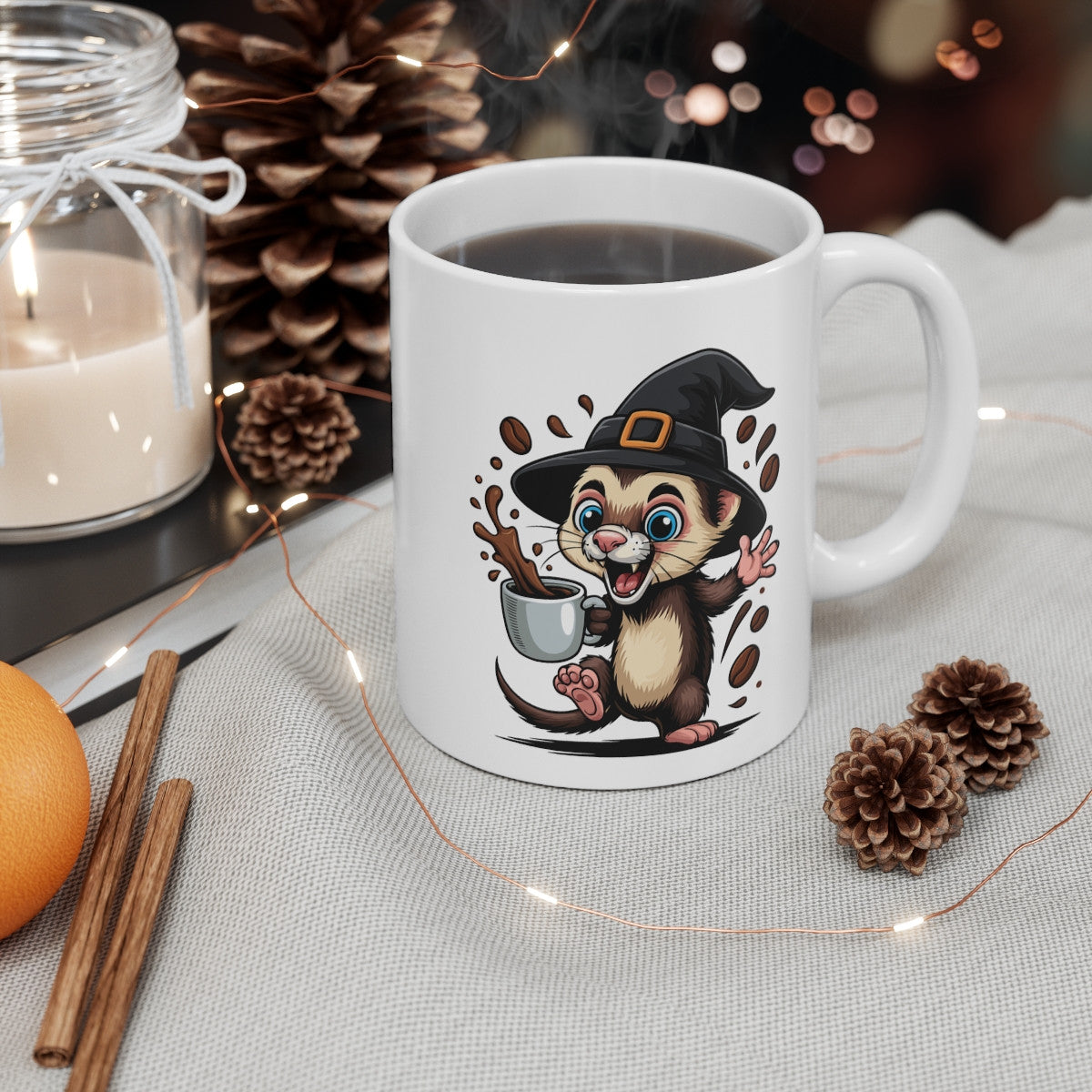 Mug Furet Sorcier Café – Tasse Céramique 325ml – Illustration Animalière Drôle Halloween