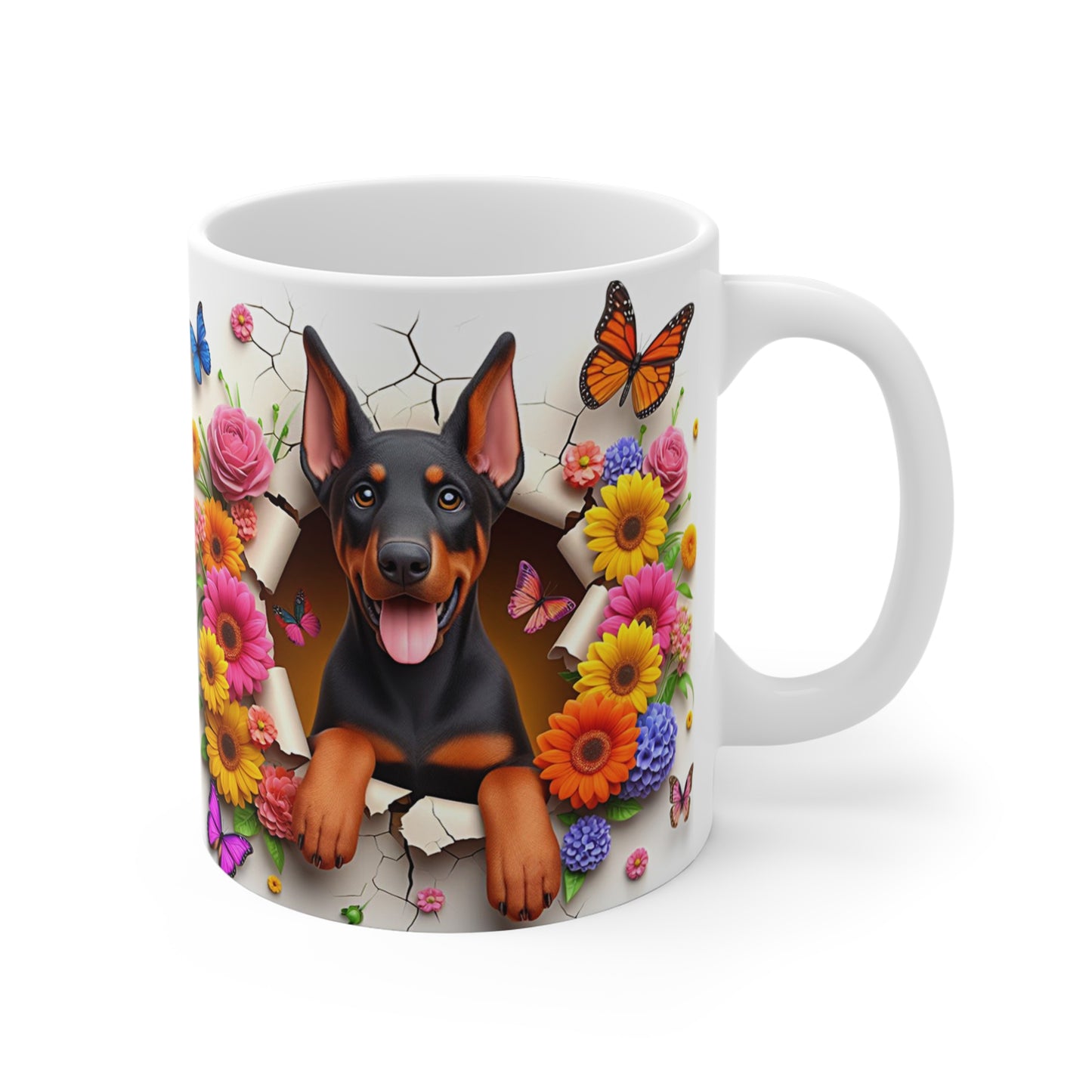 Tasse Céramique Doberman et Fleurs – Mug Chien Mignon Papillons – Cadeau Animaux Bohème 325ml