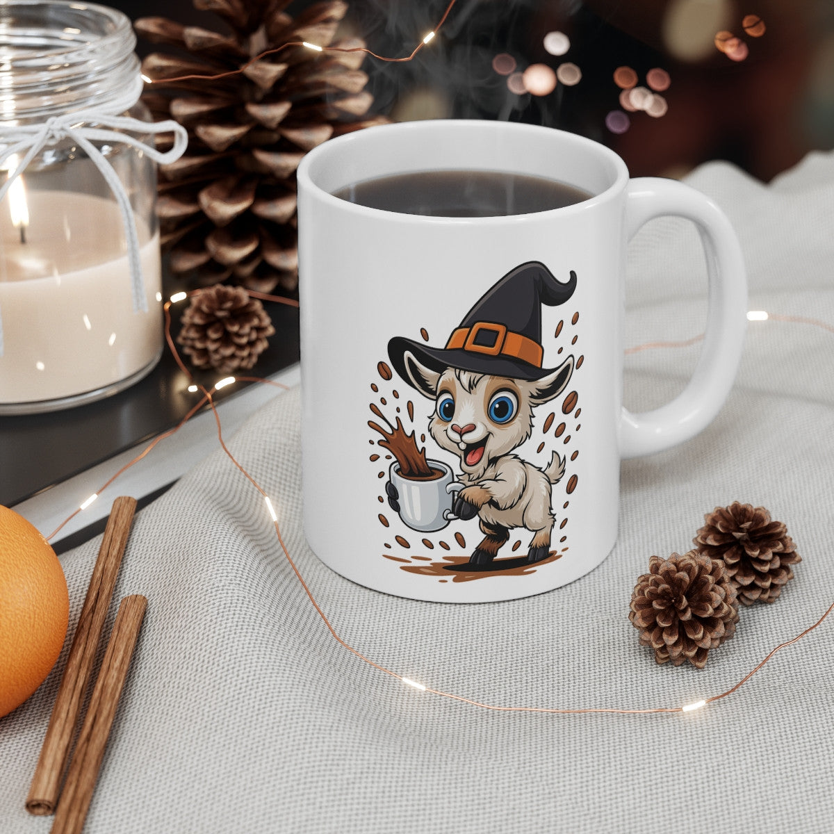 Mug Chèvre Sorcière Café – Tasse Céramique 325ml – Illustration Animalière Drôle Halloween