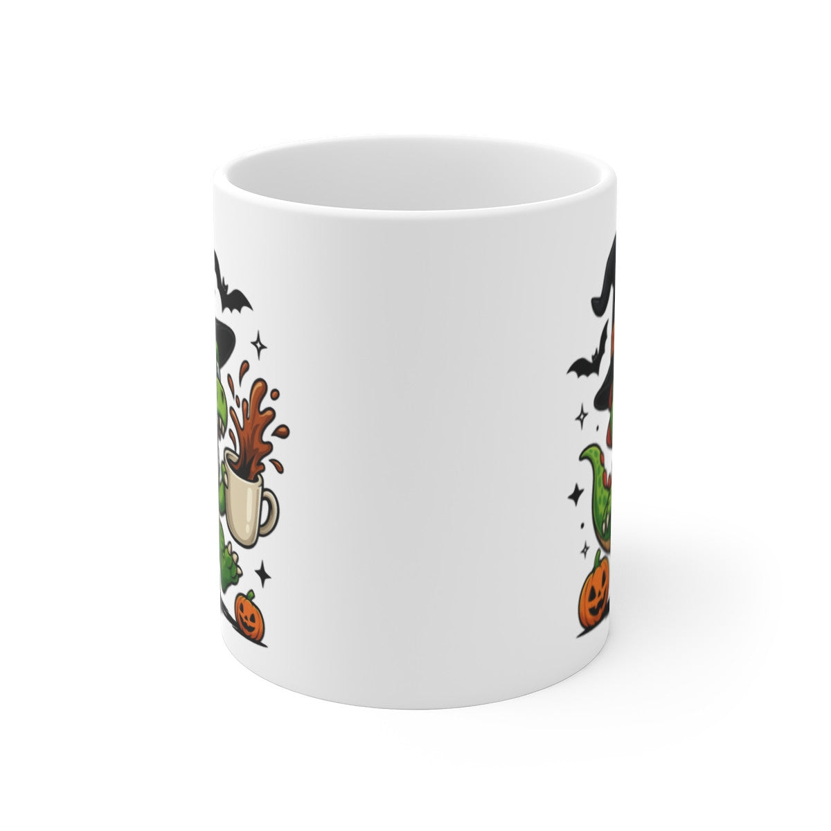 Mug Dinosaure Sorcier Café – Tasse Céramique 325ml – Illustration Drôle Halloween avec Citrouilles