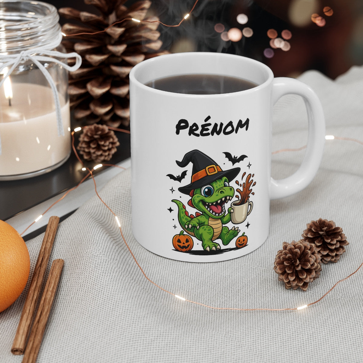 Tasse Personnalisable Dinosaure Sorcier Café – Mug Prénom Céramique 325ml  Cadeau Drôle Halloween