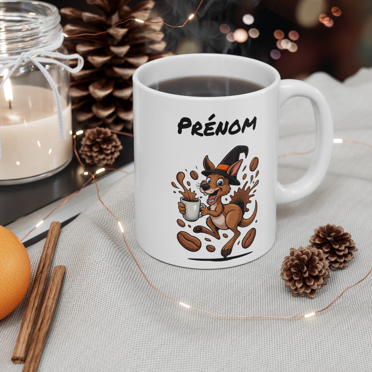 Tasse Personnalisable Kangourou Sorcier Café – Mug Prénom Céramique 325ml – Cadeau Drôle Halloween