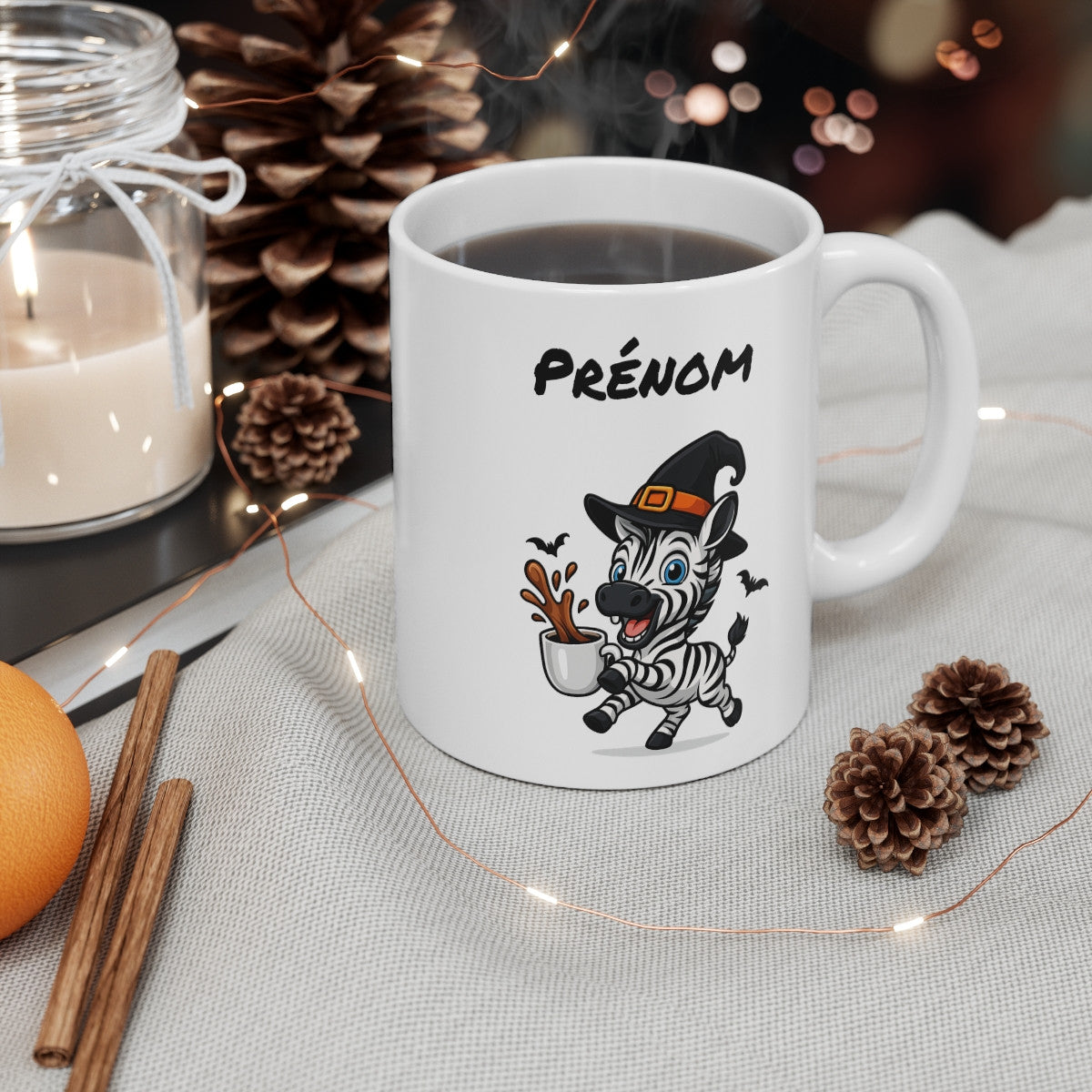 Tasse Personnalisable Zèbre Sorcier Café – Mug Prénom Céramique 325ml – Cadeau Drôle Halloween