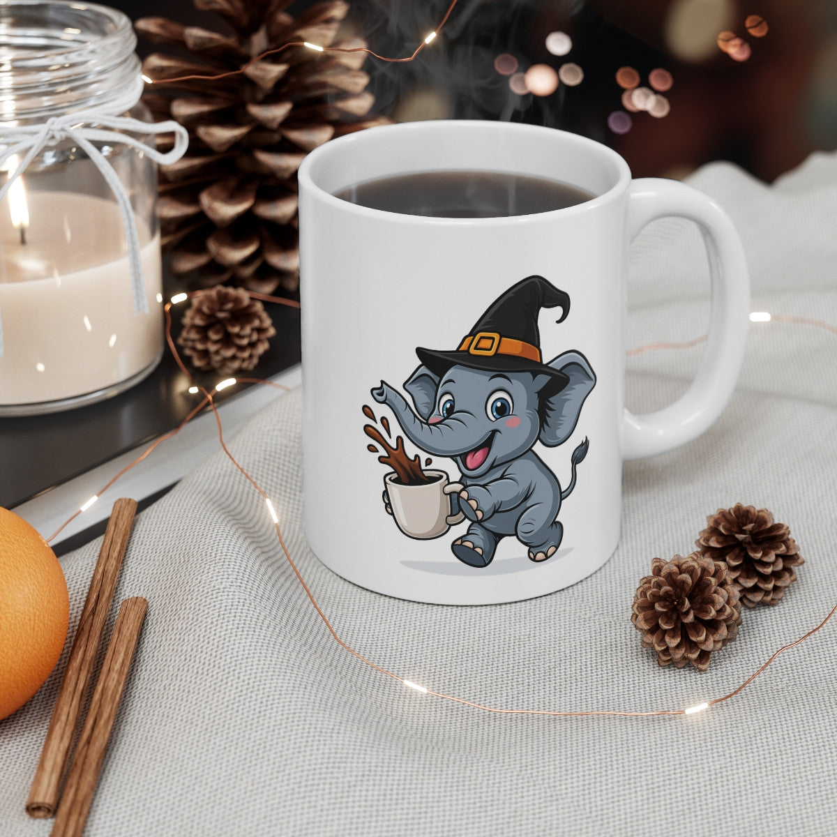Mug Éléphant Sorcier Café – Tasse Céramique 325ml – Illustration Animalière Drôle Halloween