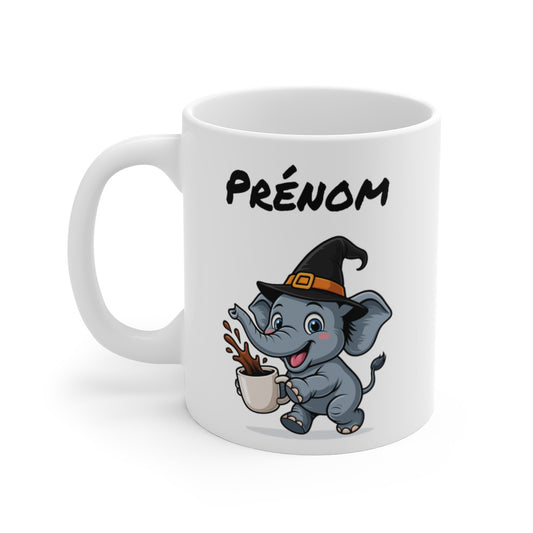Tasse Personnalisable Éléphant Sorcier Café – Mug Prénom Céramique 325ml – Cadeau Drôle Halloween