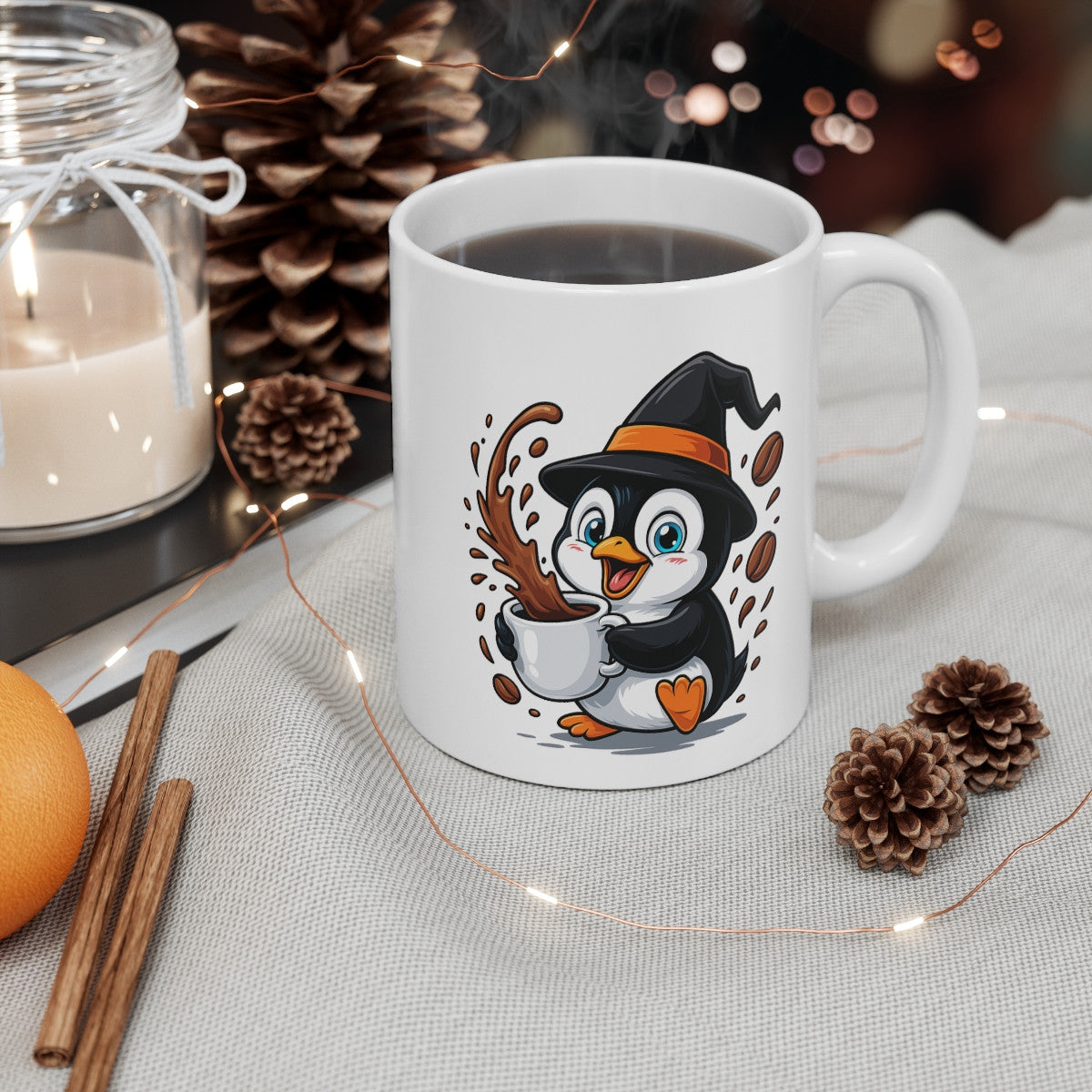 Tasse Pingouin Sorcière Halloween – Mug Céramique Café 325ml – Cadeau Fantaisie Original
