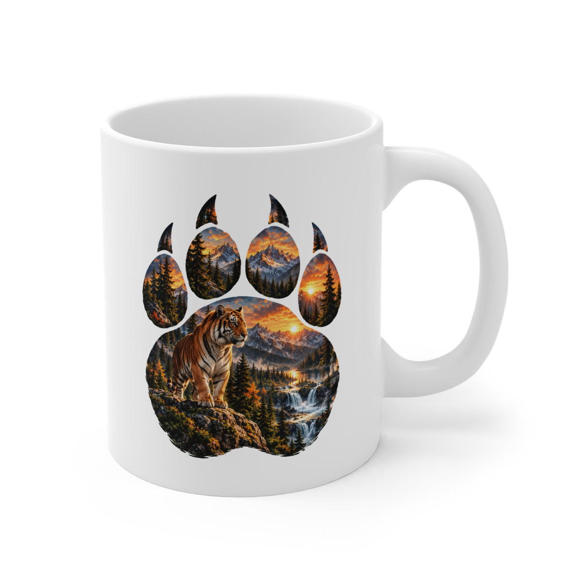 Mug Tigre dans une Empreinte de Patte – Tasse Paysage Montagne, Forêt et Cascades au Coucher de Soleil – Cadeau Original Amoureux des Tigres