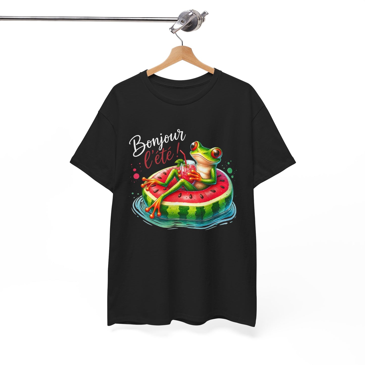 Tee-Shirt Bonjour l’Été Grenouille sur Bouée Pastèque – Cadeau Vacances Homme Femme Humour Soleil Plage