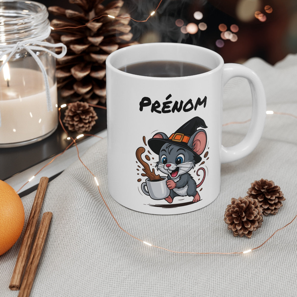 Tasse Personnalisable Souris Sorcière Café – Mug Prénom Halloween Mignon 325ml – Cadeau Original Animaux