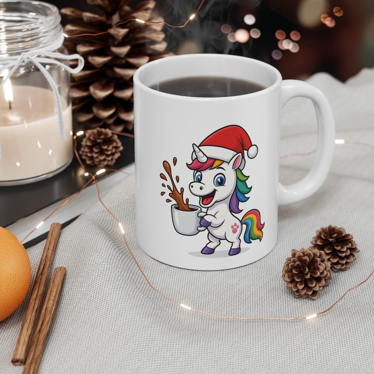 Mug Licorne Noël 325ml – Tasse Céramique Mignonne Arc-en-Ciel avec Bonnet Rouge – Cadeau Fêtes